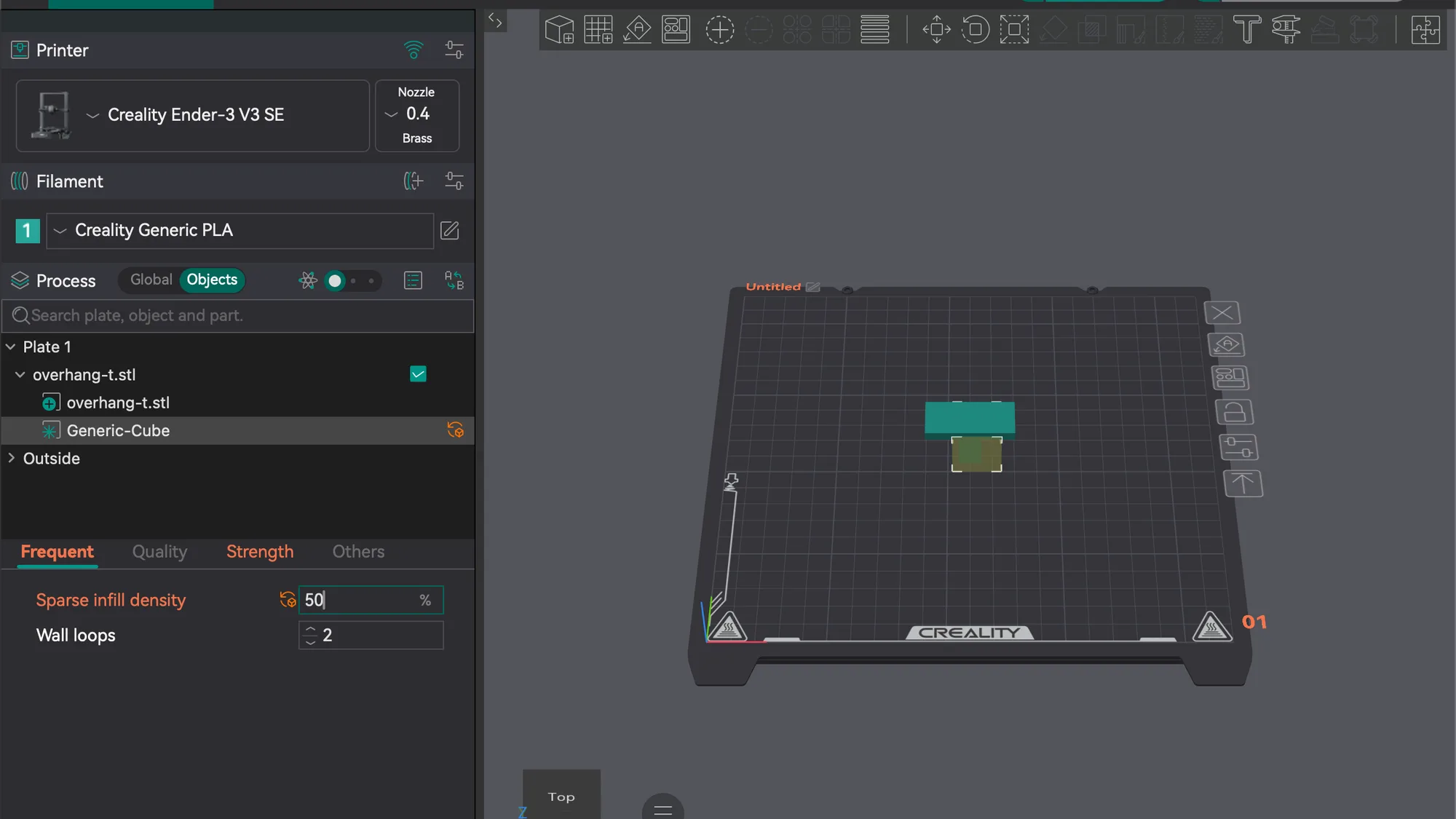 OrcaSlicer object list with a Generic-Cube modifier and a sparse infill density override highlighted in orange