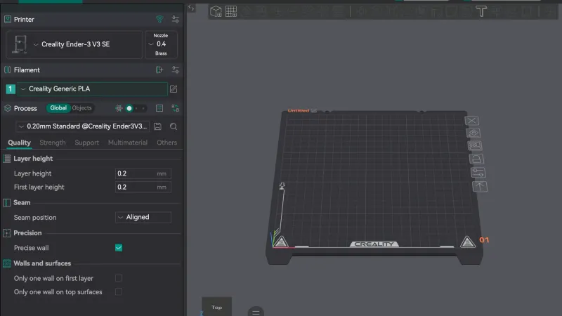 OrcaSlicer Prepare tab with printer, filament and process presets beside an empty build plate