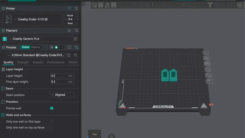 OrcaSlicer Prepare tab with the Process panel open on the Quality tab showing Layer height and First layer height