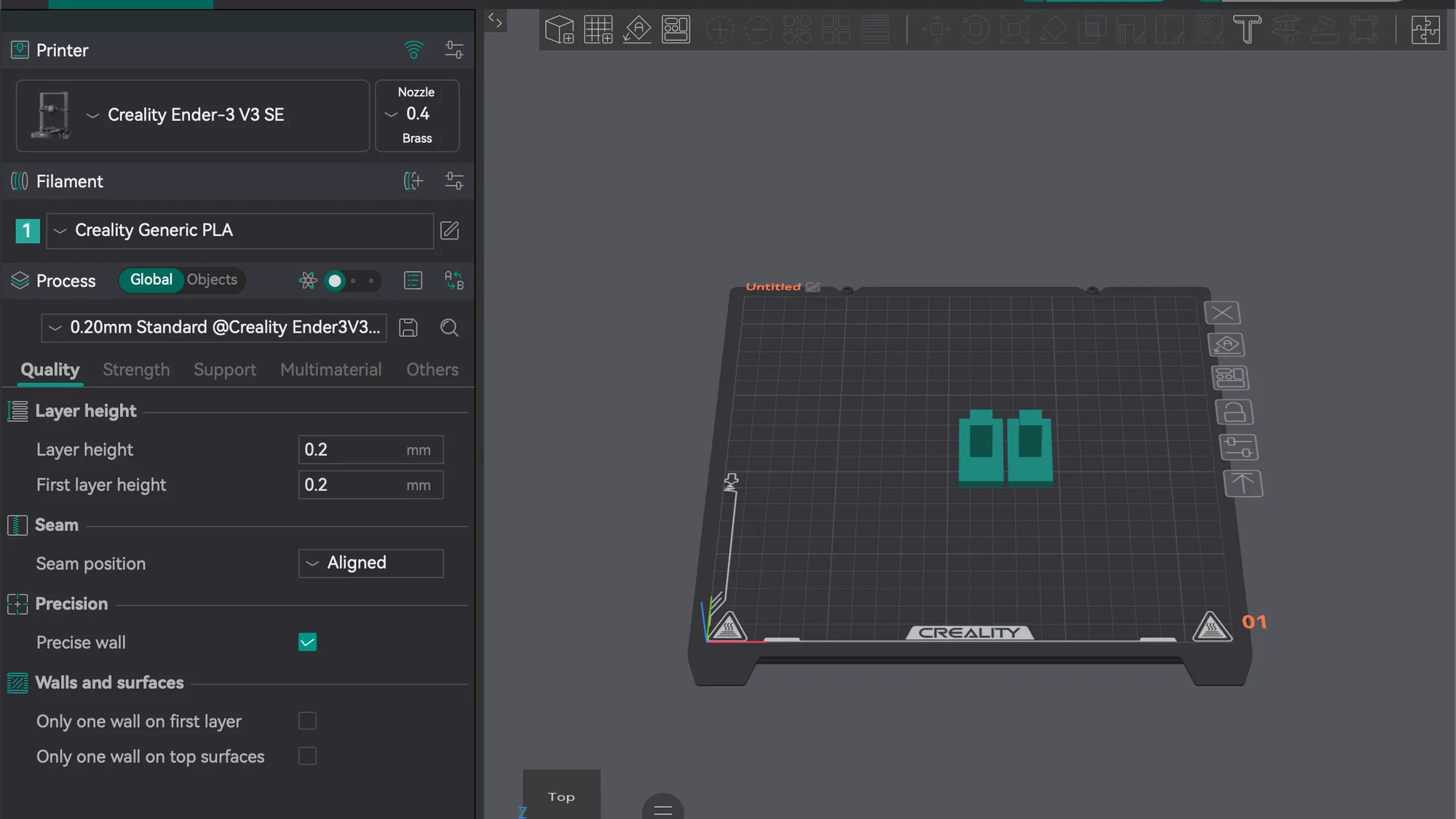 OrcaSlicer Prepare tab with the Process panel open on the Quality tab showing Layer height and First layer height
