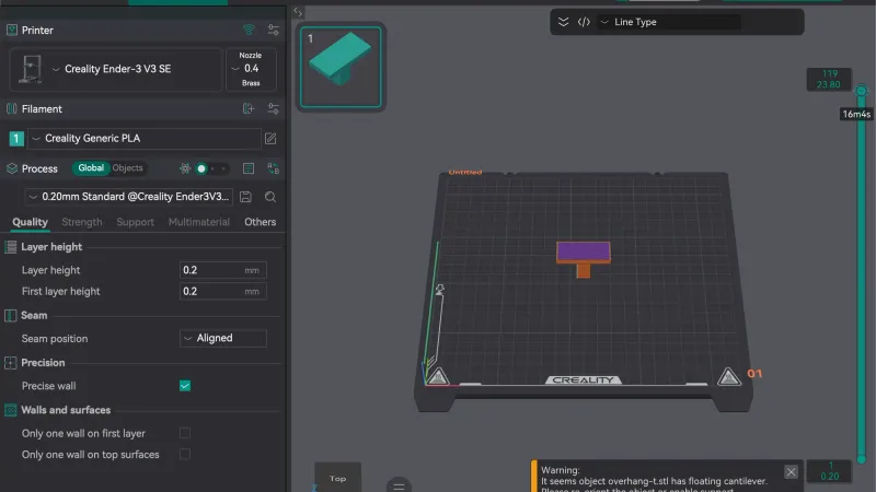 OrcaSlicer 2.4.2 Preview tab showing a sliced T shaped test part with the layer slider at the top layer