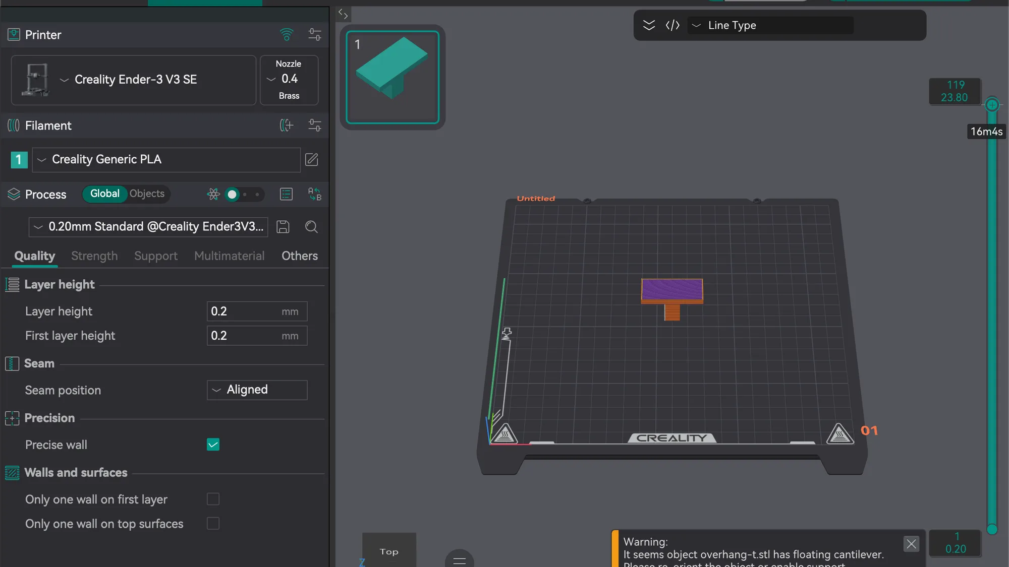 OrcaSlicer 2.4.2 Preview tab showing a sliced T shaped test part with the layer slider at the top layer