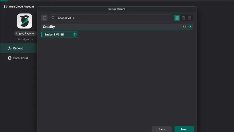 OrcaSlicer setup wizard with the Ender-3 V3 SE row selected in the printer list