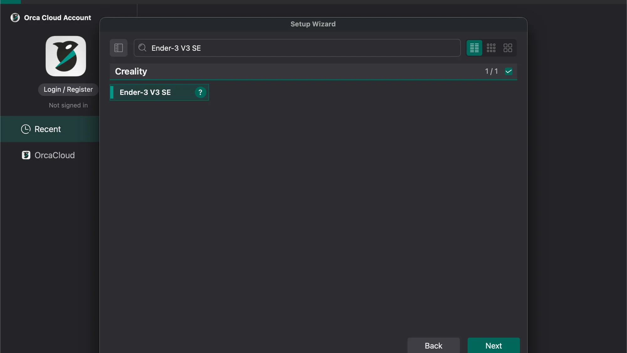 OrcaSlicer setup wizard with the Ender-3 V3 SE row selected in the printer list