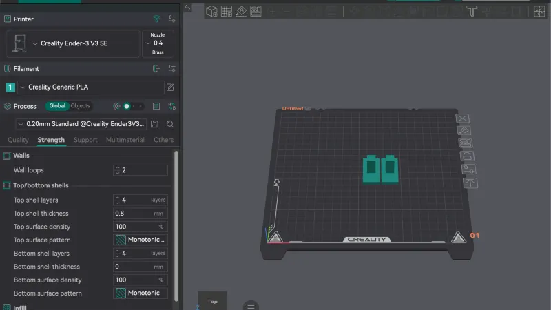 OrcaSlicer Prepare tab with the Process panel open on the Strength tab showing Wall loops and shell layers