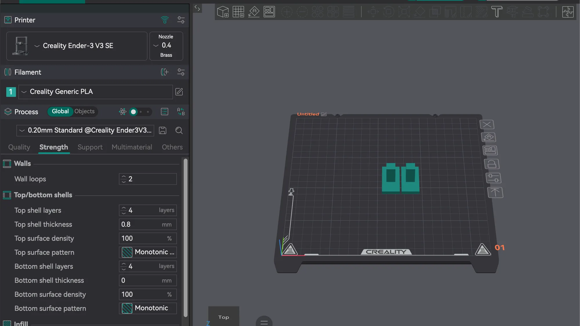 OrcaSlicer Prepare tab with the Process panel open on the Strength tab showing Wall loops and shell layers