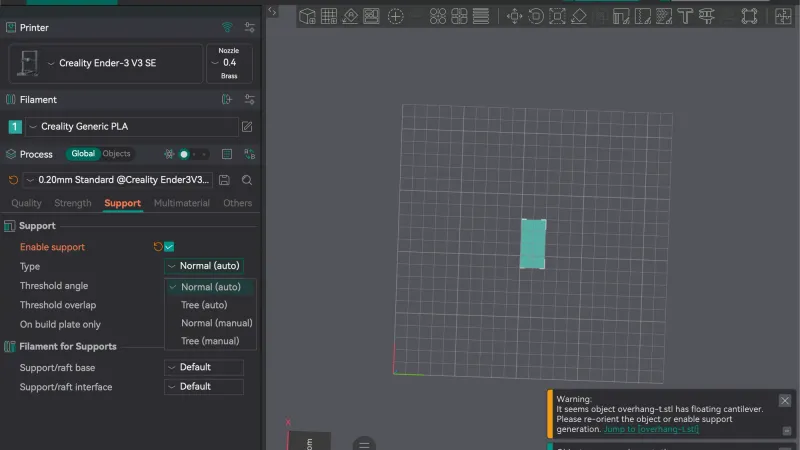 OrcaSlicer Prepare tab with the Support type drop-down open