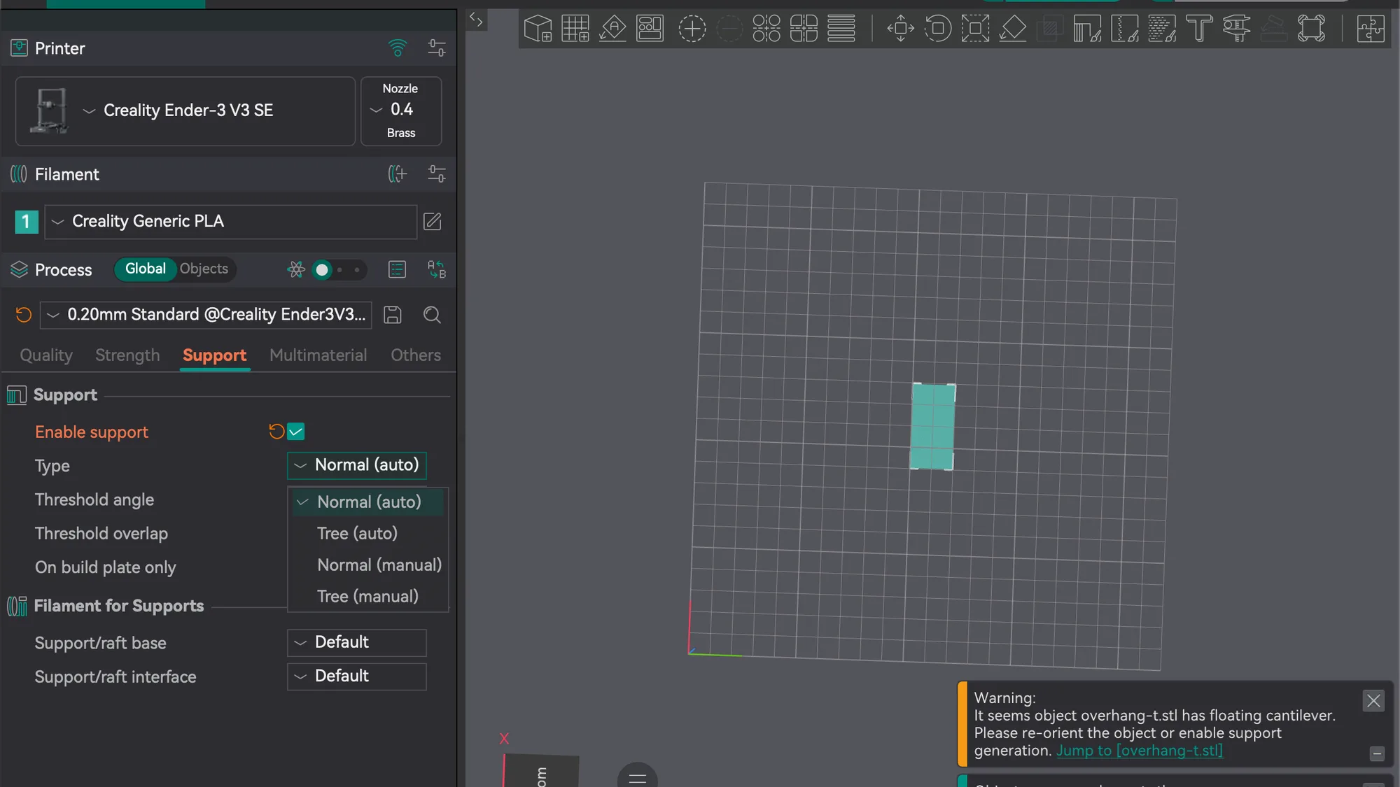 OrcaSlicer Prepare tab with the Support type drop-down open