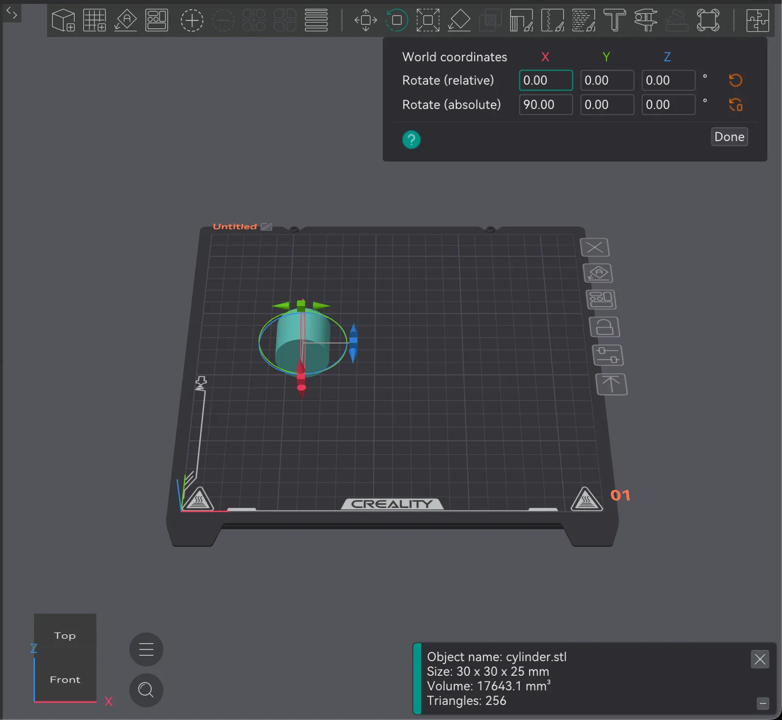 OrcaSlicer Rotate panel showing relative and absolute rotation fields for the selected cylinder