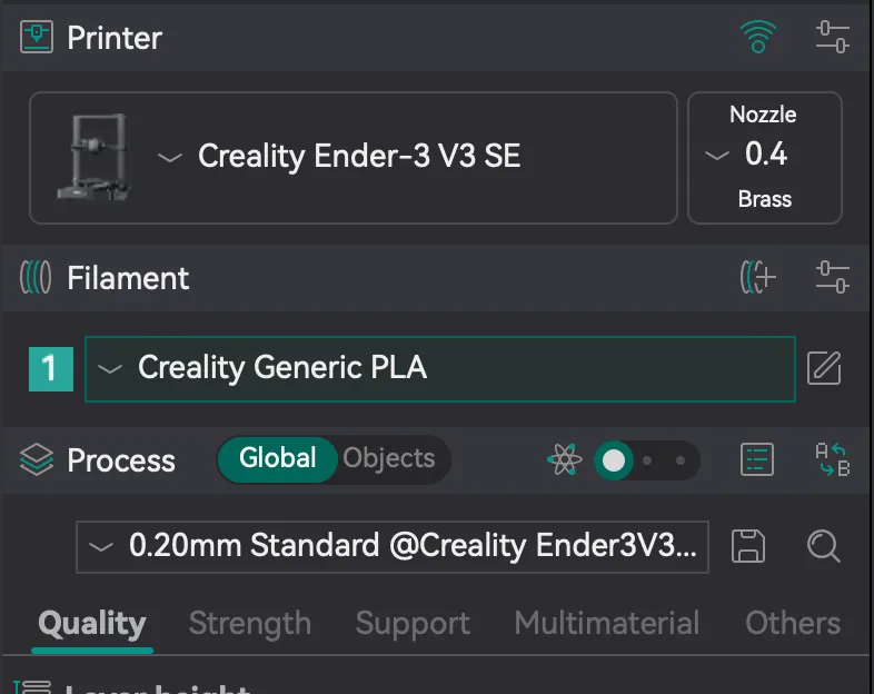 OrcaSlicer left panel with Printer, Filament and Process sections, the Global and Objects toggle and the settings visibility slider