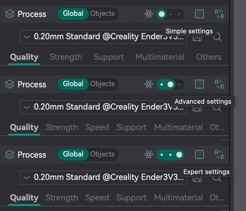 Three OrcaSlicer option mode slider positions with their tooltips and the tab row changing from five tabs to six