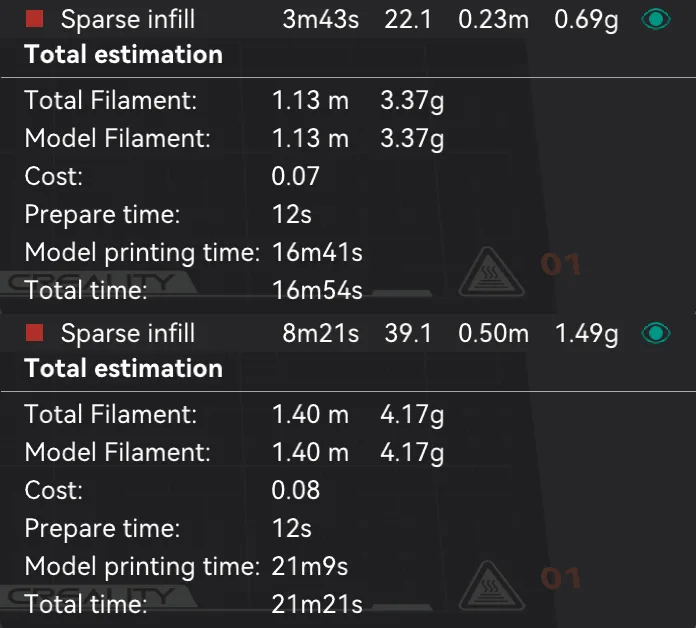 Two OrcaSlicer estimate panels, total time 16m54s with the global setting and 21m21s with the modifier at 50 percent infill