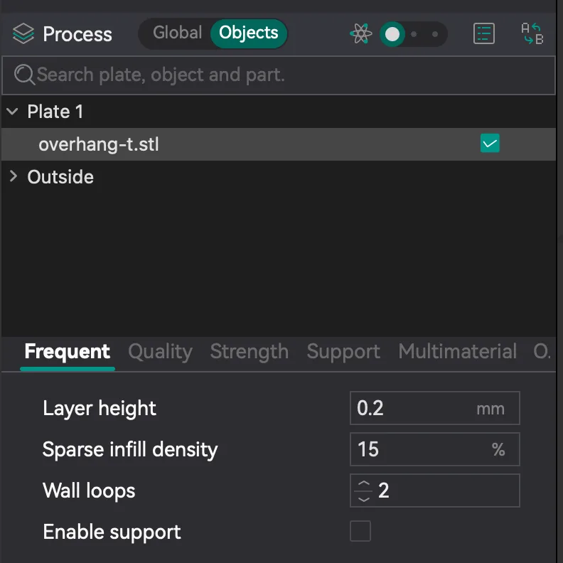 OrcaSlicer Process panel in Objects mode showing the object list and Layer height, Sparse infill density, Wall loops and Enable support