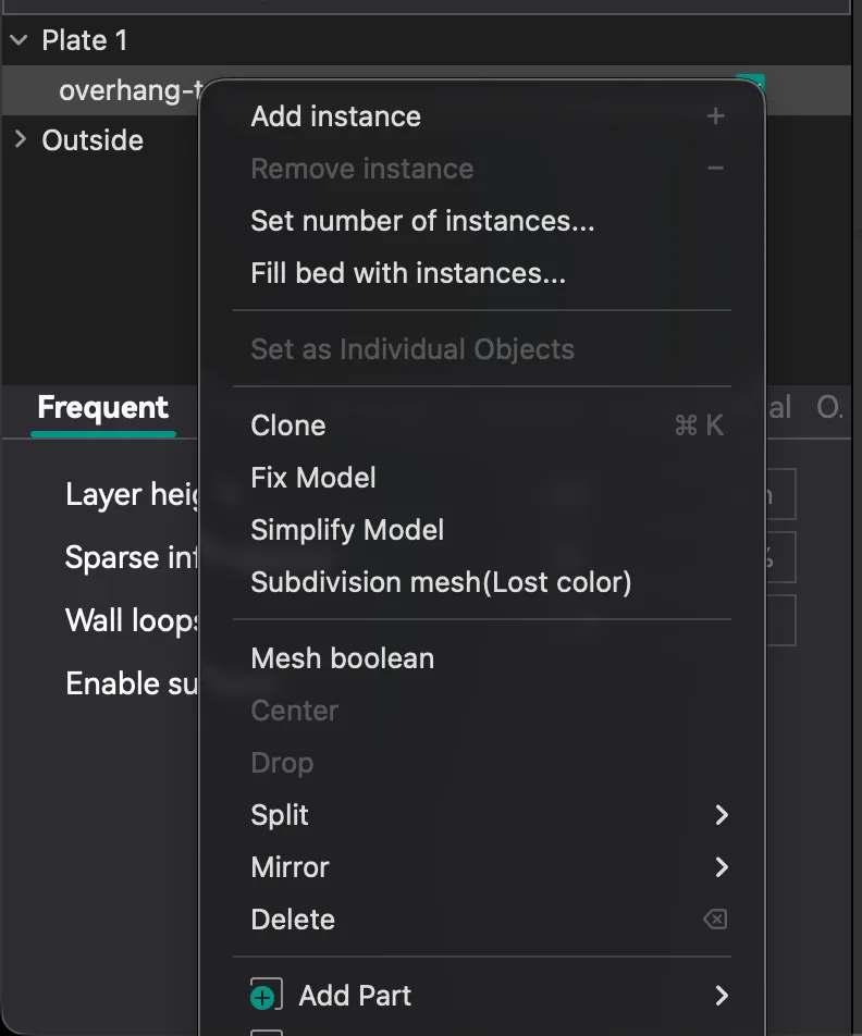 OrcaSlicer right-click menu on an object listing Add instance, Clone, Fix Model, Split, Mirror, Delete and Add Part