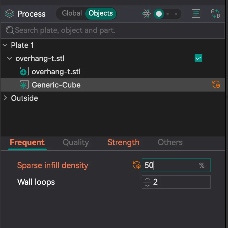 OrcaSlicer object list with a Generic-Cube modifier and Sparse infill density 50 shown in orange with a reset icon