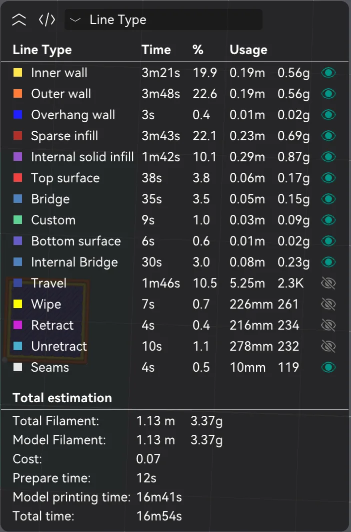 OrcaSlicer Preview Line Type legend table listing line types with colours, times and filament use