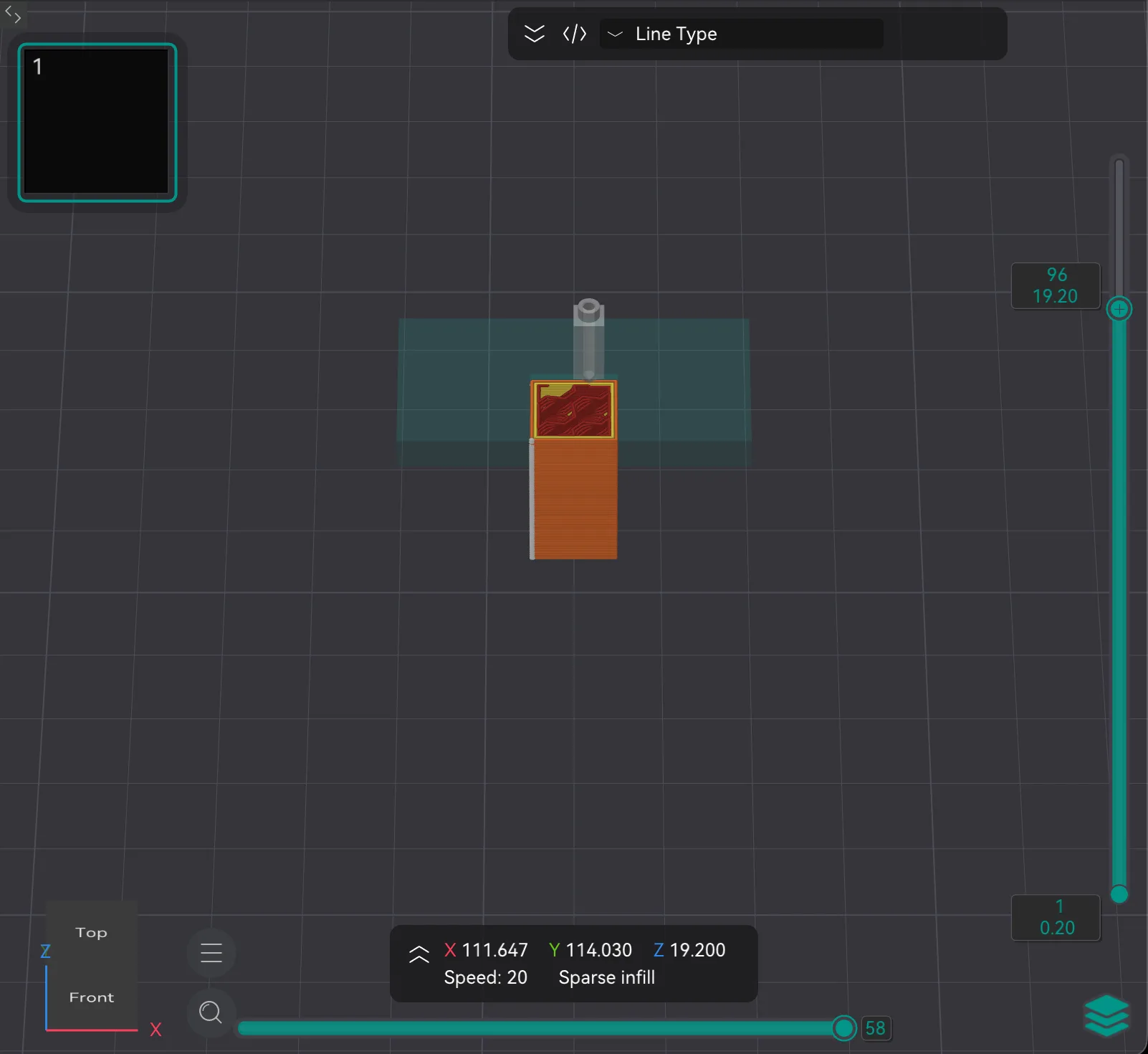 OrcaSlicer Preview showing the vertical layer slider at layer 96, the horizontal slider and the X Y Z readout