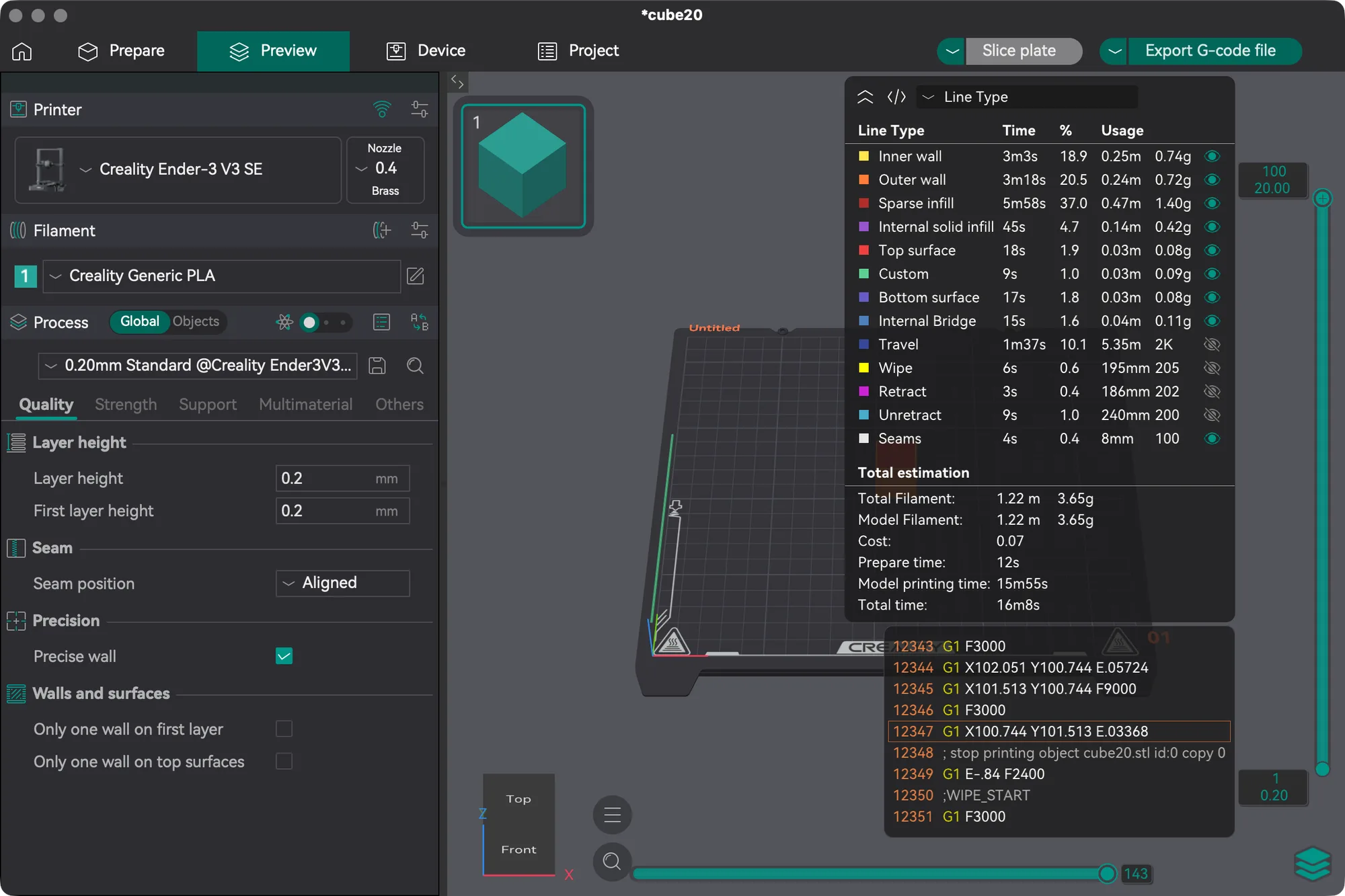 OrcaSlicer Preview tab after slicing, with the line type table and total filament and time estimate