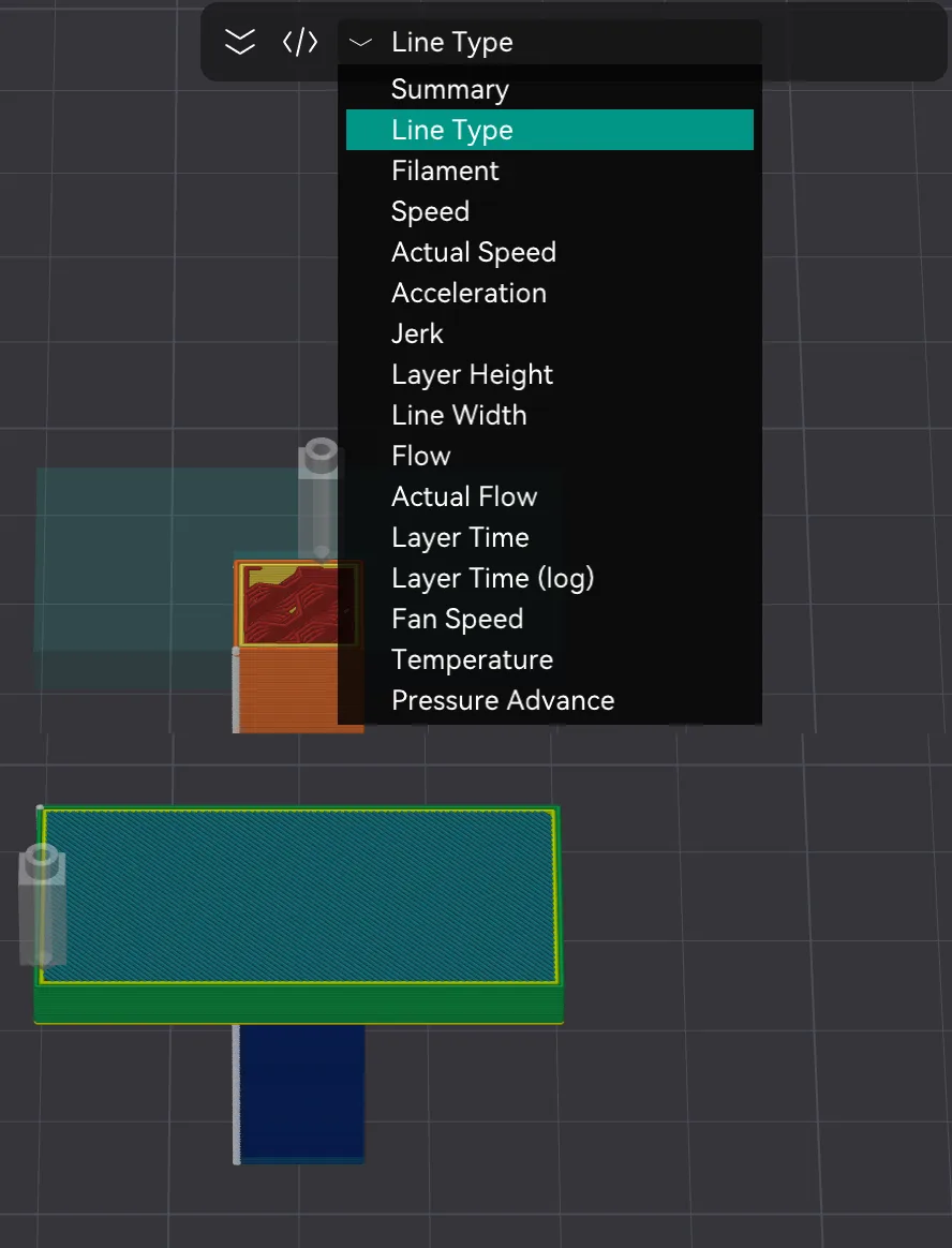 OrcaSlicer Preview view type drop-down list above the part coloured by speed