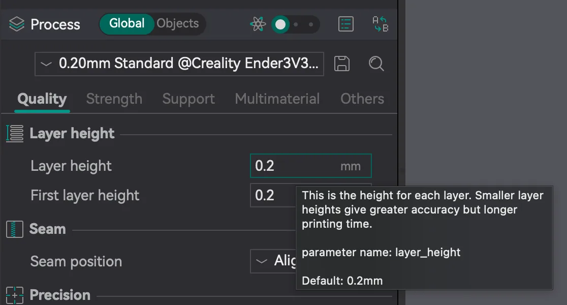 Quality tab with the Layer height tooltip explaining smaller layers give greater accuracy but longer printing time