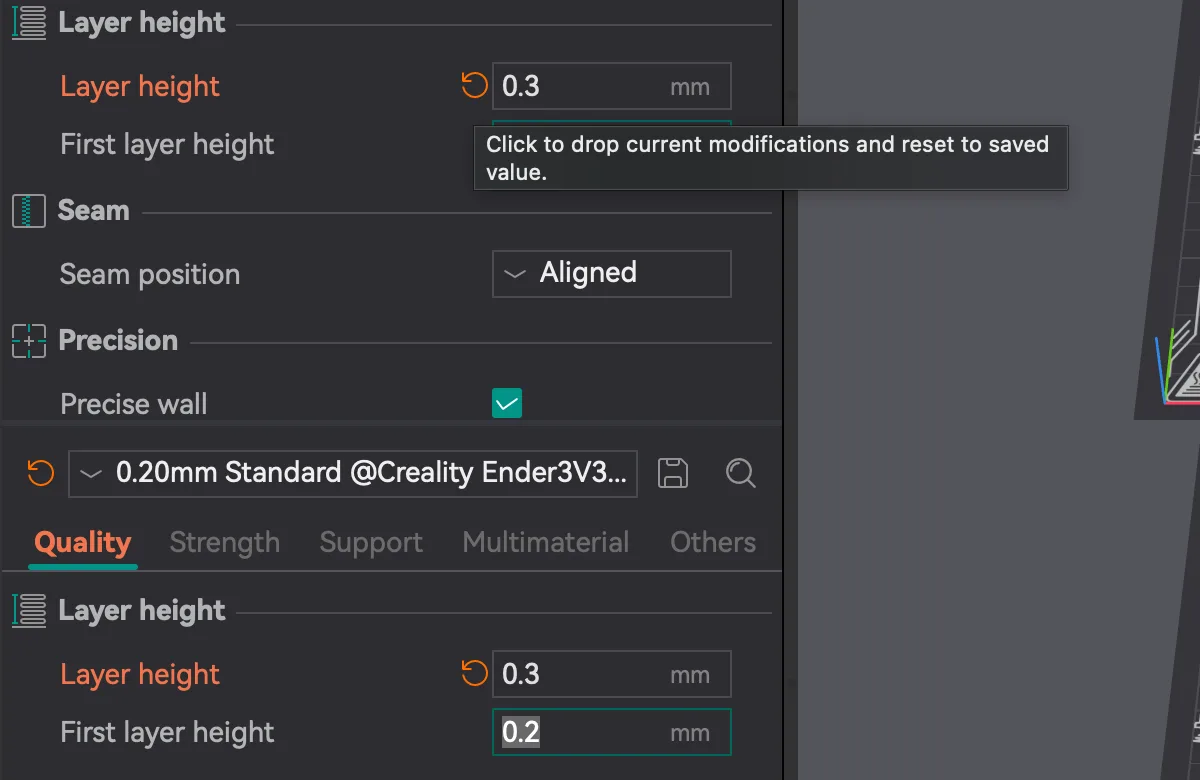 Layer height edited to 0.3 shown in orange with a reset arrow whose tooltip reads Click to drop current modifications and reset to saved value