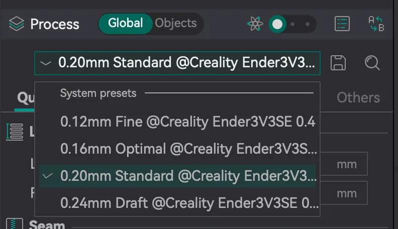Process preset drop-down listing the 0.12mm Fine, 0.16mm Optimal, 0.20mm Standard and 0.24mm Draft system presets