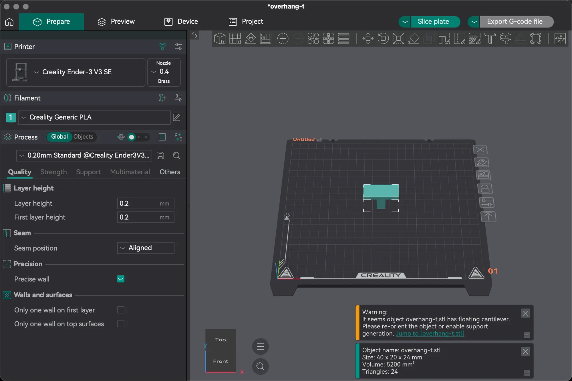 OrcaSlicer 2.4.2 Prepare tab on macOS with a T shaped test part on an Ender-3 V3 SE plate and the Quality settings open