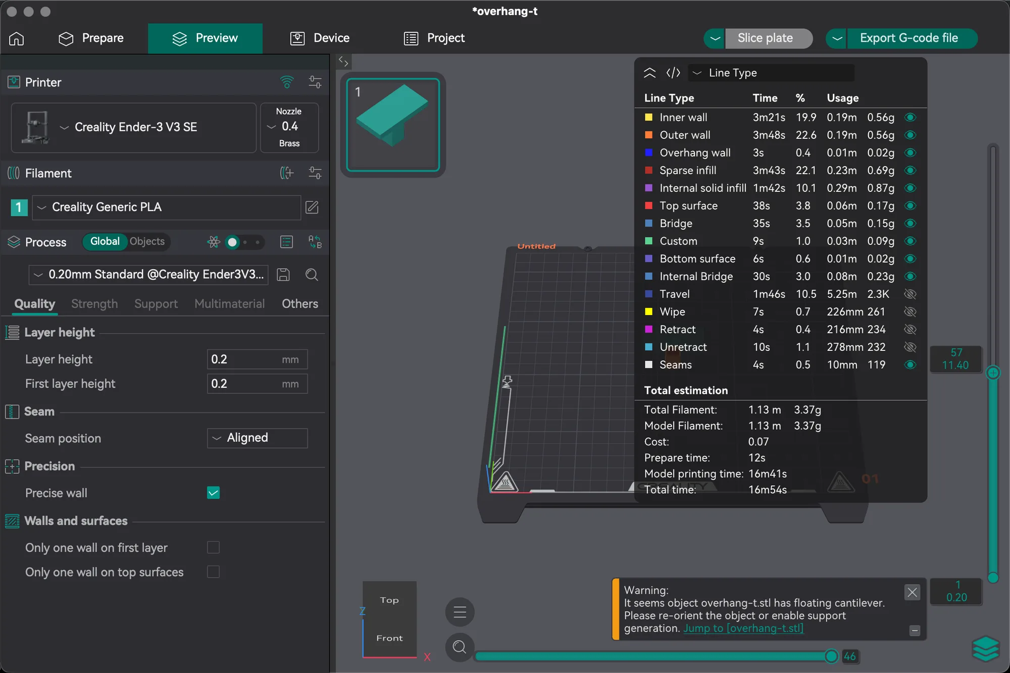 OrcaSlicer 2.4.2 Preview tab showing the Line Type table with times and filament use and the Total estimation block