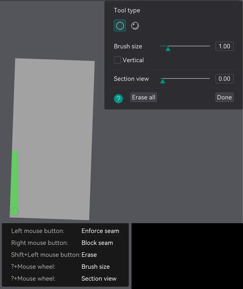 OrcaSlicer Seam painting tool with an enforcer stroke and the mouse button help card