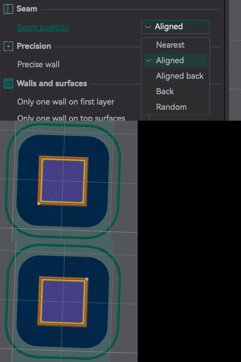 OrcaSlicer Seam position options and the seam marker moving between corners