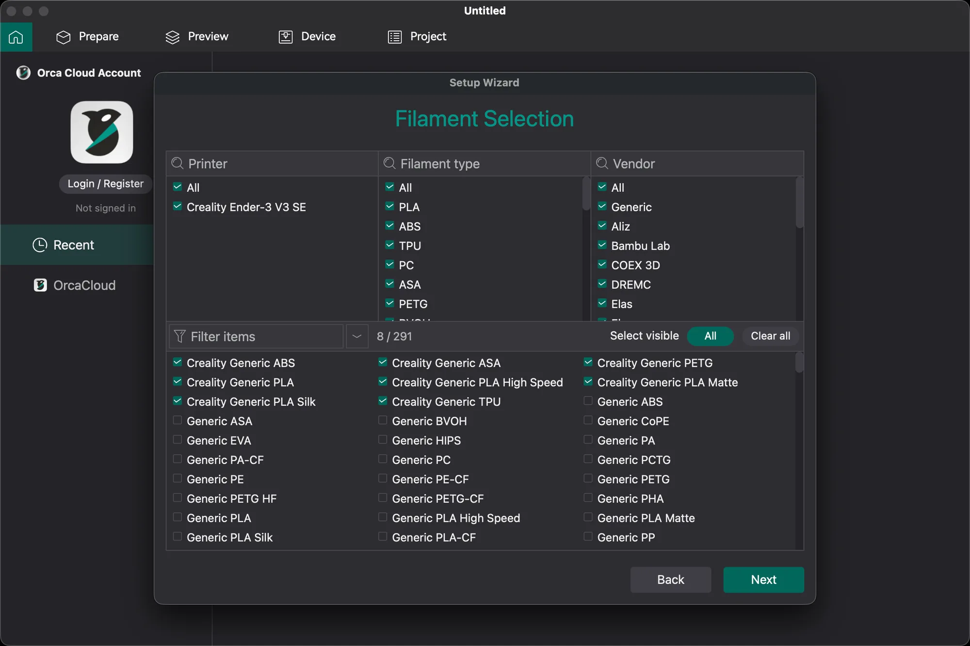 OrcaSlicer Filament Selection step with printer, filament type and vendor filters and eight preselected Creality generic filaments