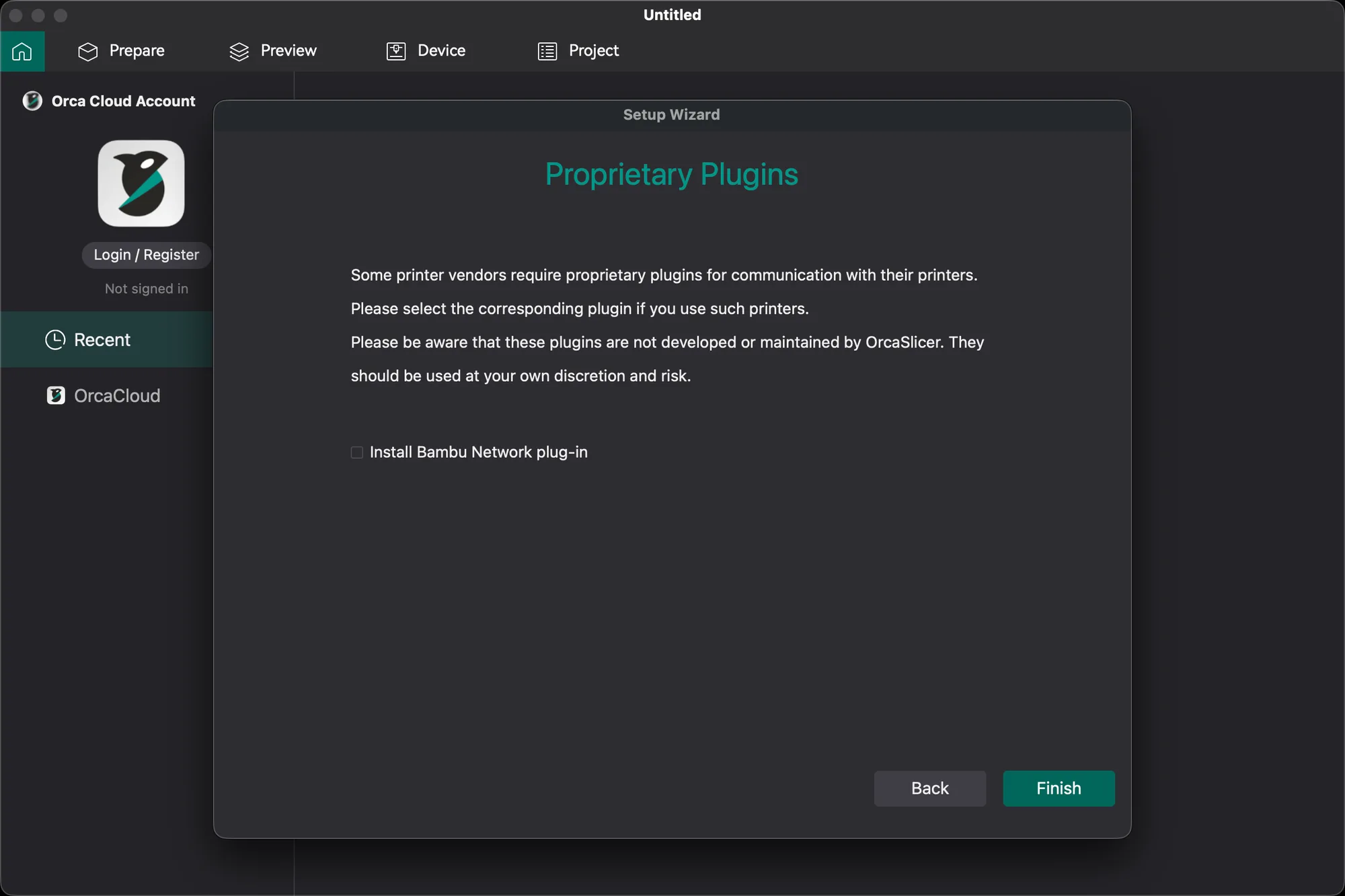 OrcaSlicer Proprietary Plugins step with an unchecked Install Bambu Network plug-in box and a Finish button
