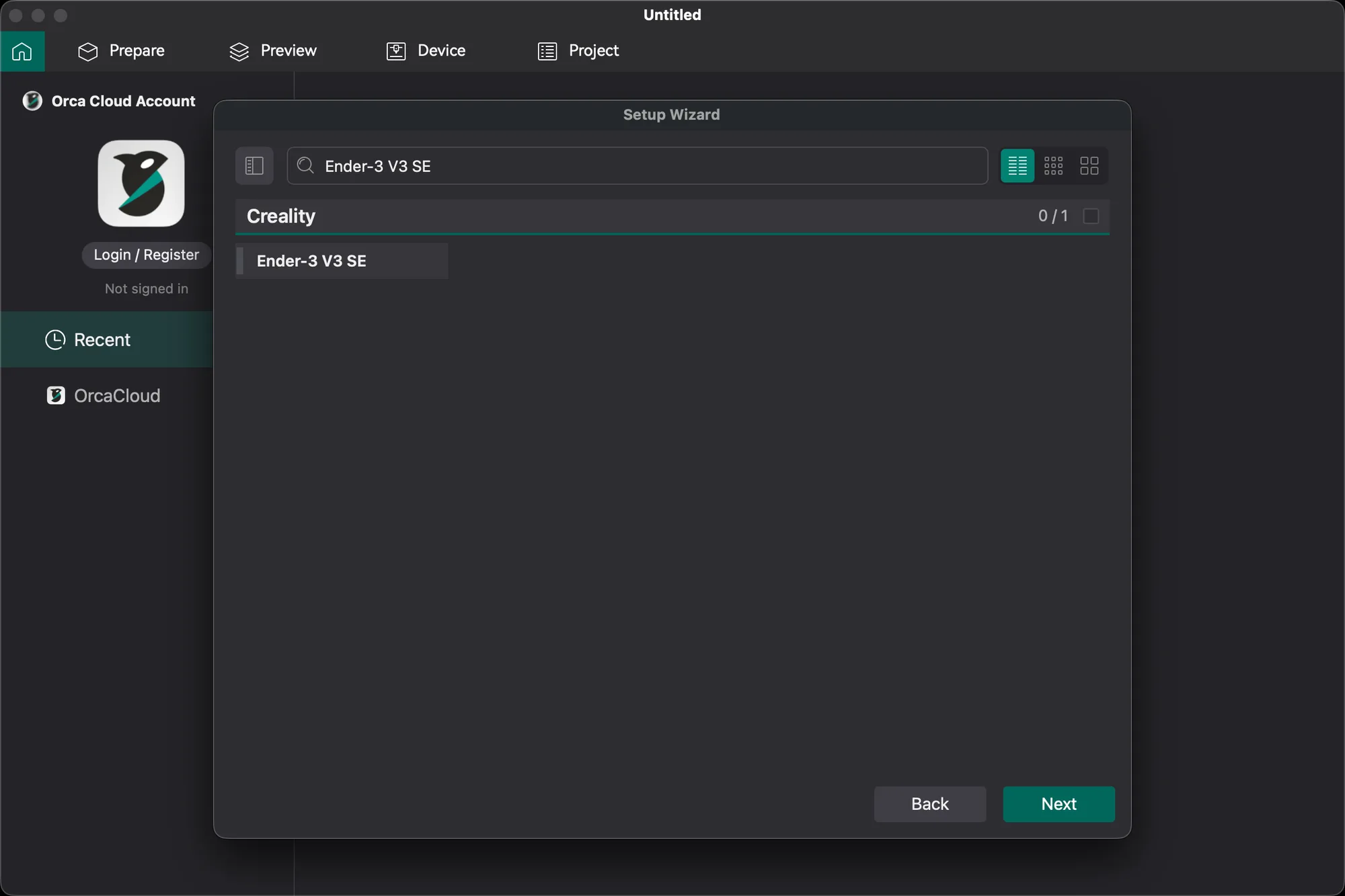 OrcaSlicer Printer Selection step in list view, searching for Ender-3 V3 SE under the Creality group