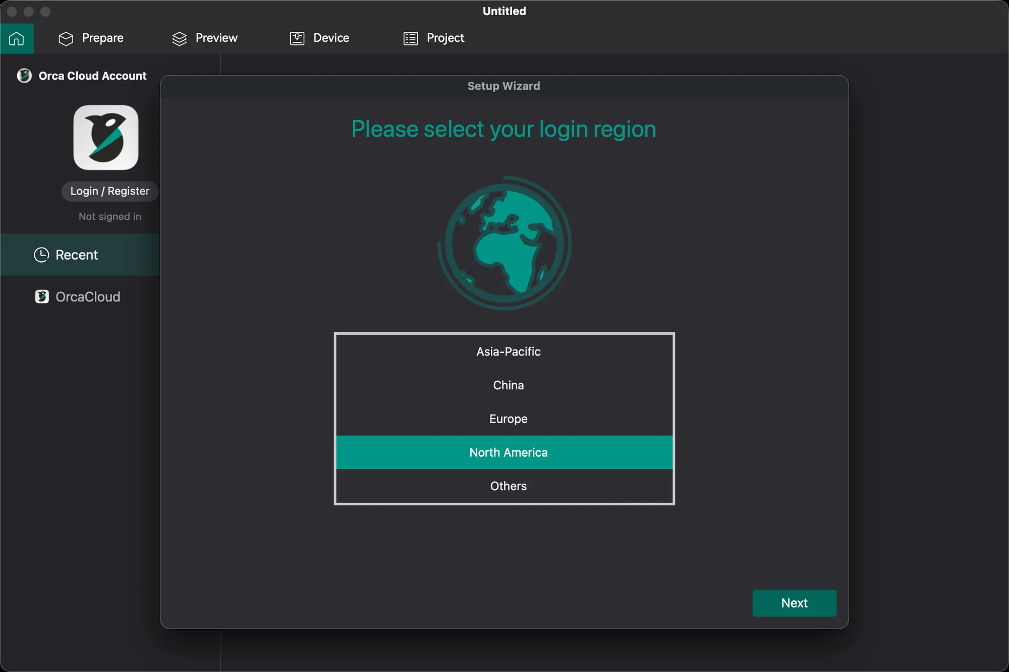OrcaSlicer setup wizard asking you to choose a login region: Asia-Pacific, China, Europe, North America or Others