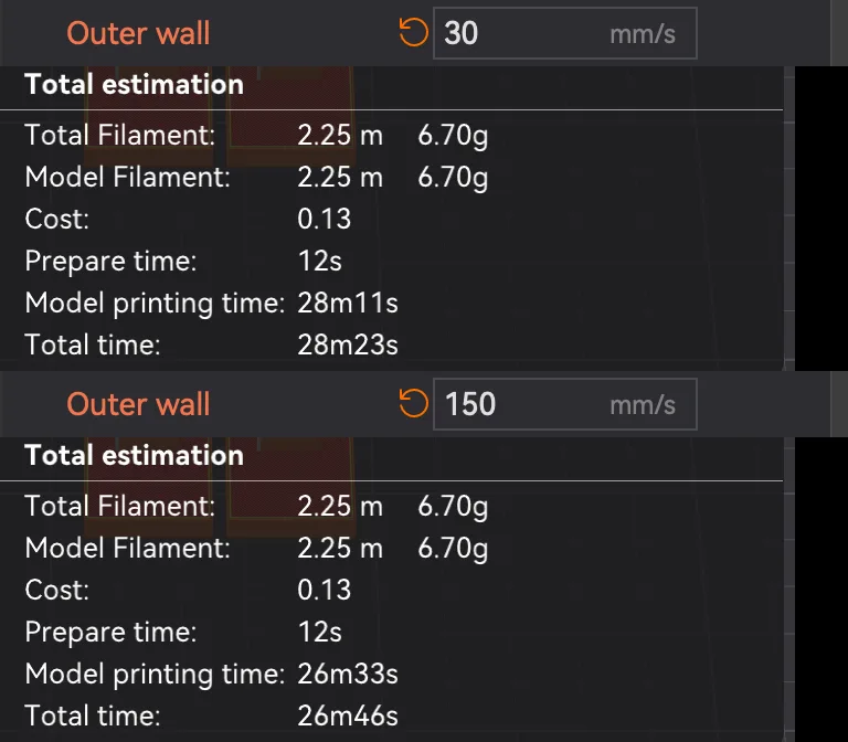 Two OrcaSlicer Total estimation boxes with the outer wall speed at 30 and 150 mm/s