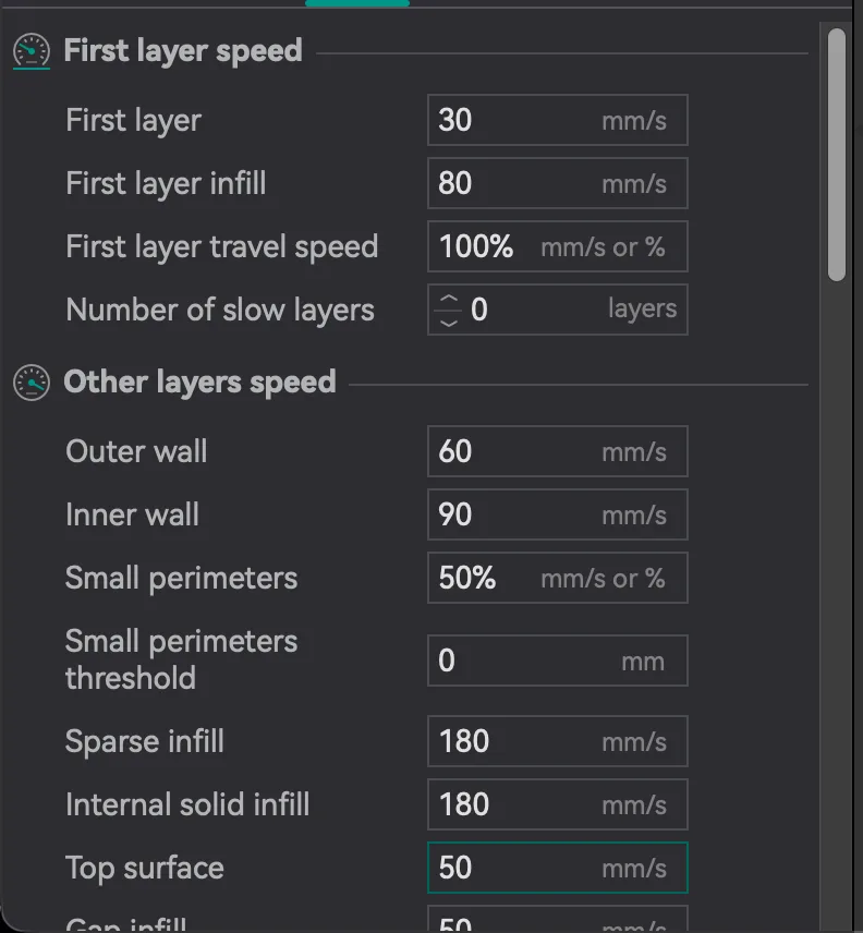 OrcaSlicer Speed tab showing First layer speed and Other layers speed fields in mm/s