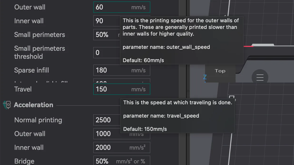 OrcaSlicer tooltips for Outer wall speed and Travel speed with parameter names and defaults