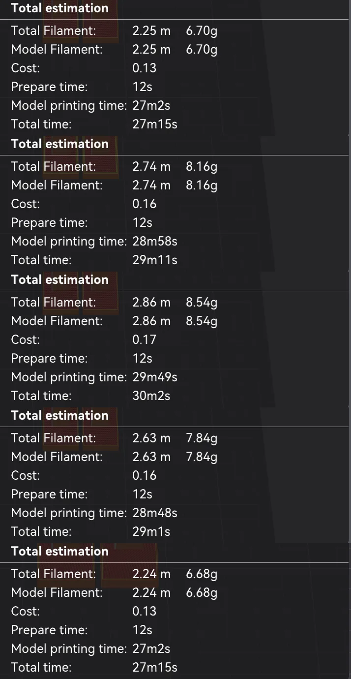 Five OrcaSlicer Total estimation boxes showing different time and filament estimates