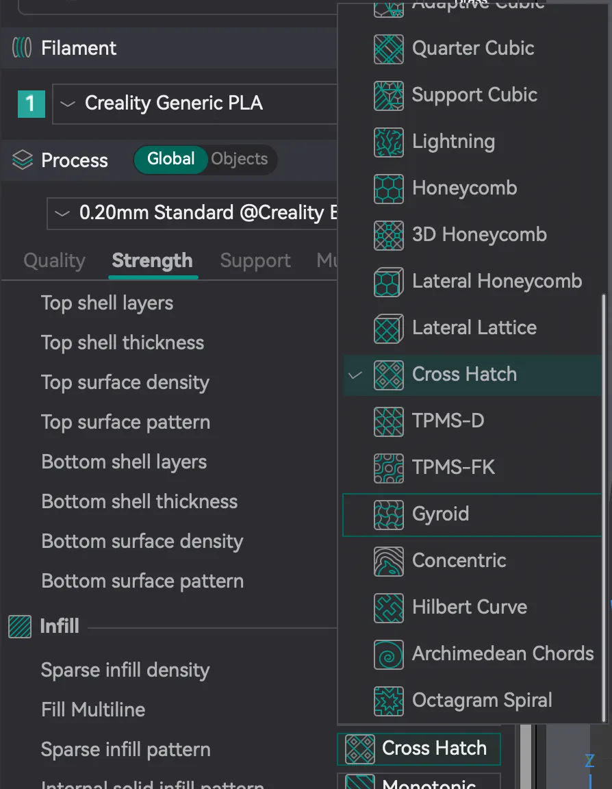 OrcaSlicer Sparse infill pattern drop-down listing Cross Hatch, TPMS-D, Gyroid, Concentric, Hilbert Curve and more