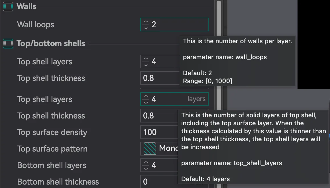 OrcaSlicer tooltips for the Wall loops and Top shell layers fields