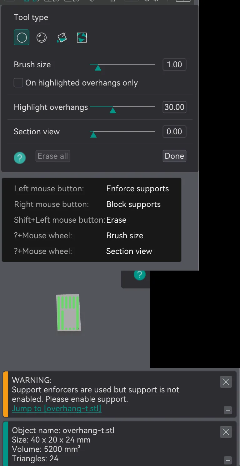 OrcaSlicer Support Painting panel with mouse button help and a painted enforcer