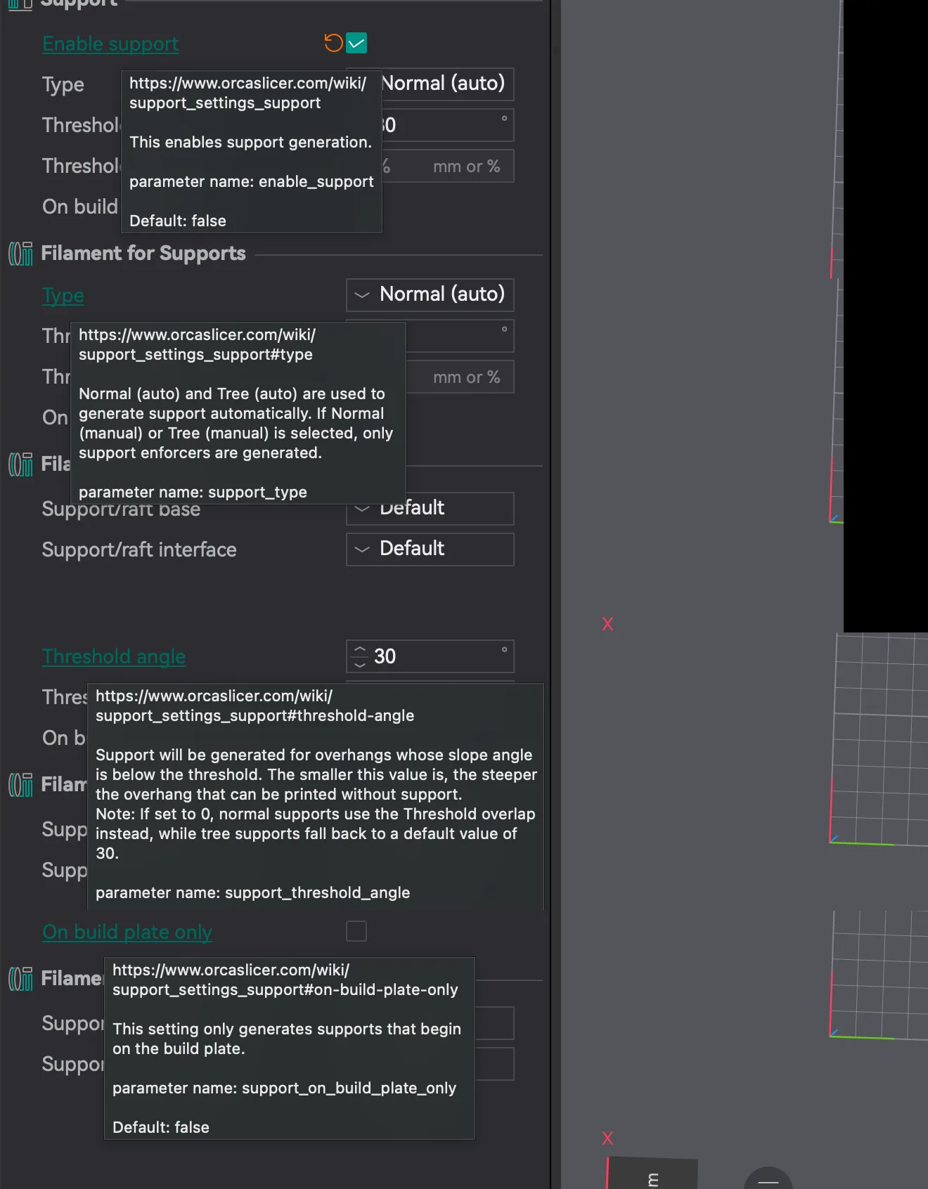OrcaSlicer tooltips for the Support tab settings