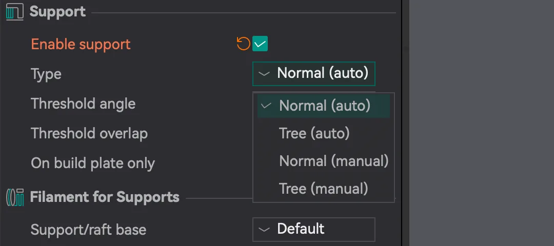 OrcaSlicer Support tab Type drop-down listing Normal auto, Tree auto, Normal manual and Tree manual