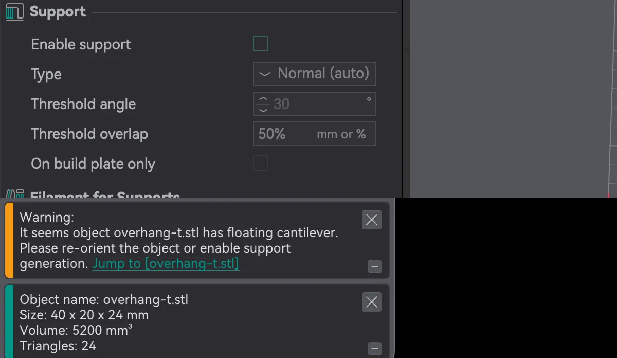 OrcaSlicer Support tab with Enable support unticked and a floating cantilever warning