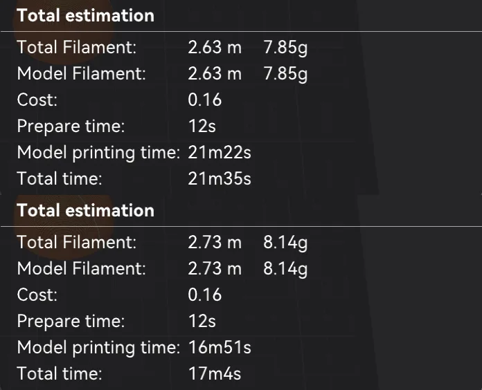 Two Total estimation blocks from OrcaSlicer, the first showing 21m35s and the second 17m4s