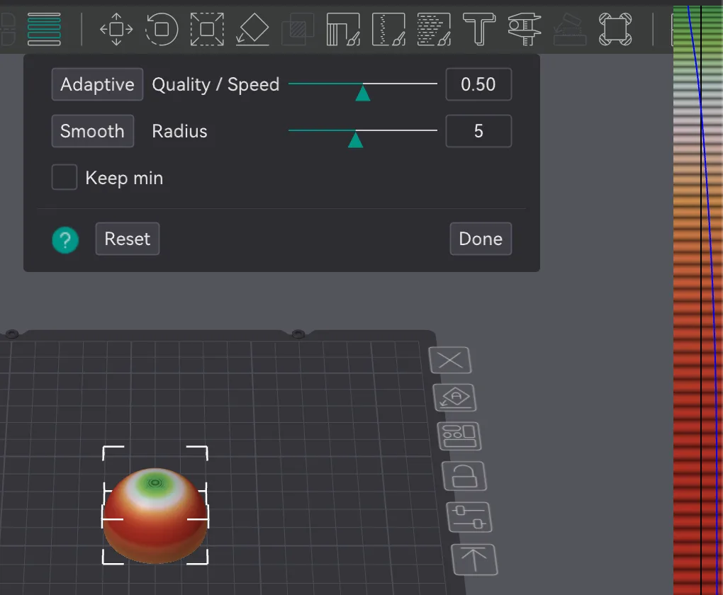 OrcaSlicer 2.4.2 Variable layer height panel with Adaptive and Smooth buttons, Quality / Speed and Radius sliders, Reset and Done, beside a coloured dome and the layer height strip