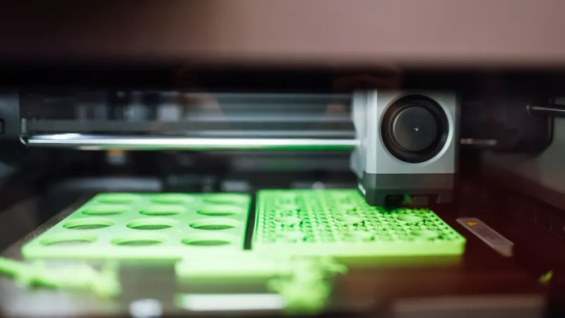 Close-up of a 3D printer toolhead printing flat green plates on the print bed