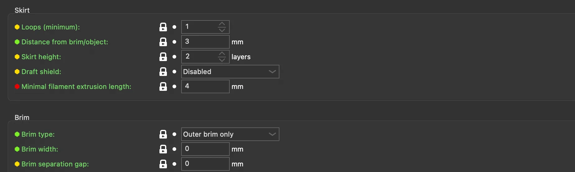 PrusaSlicer Print Settings Skirt and brim page listing skirt loops, distance, height, draft shield, minimal filament extrusion length, brim type, width and separation gap