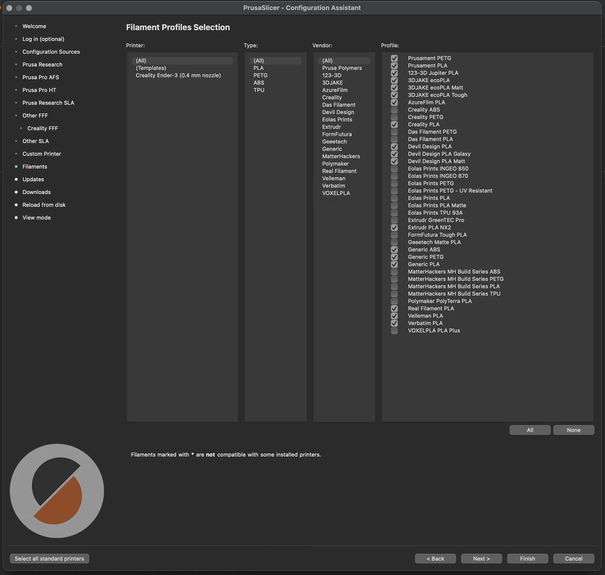 PrusaSlicer Configuration Assistant Filament Profiles Selection page with printer, type and vendor columns and a profile checklist