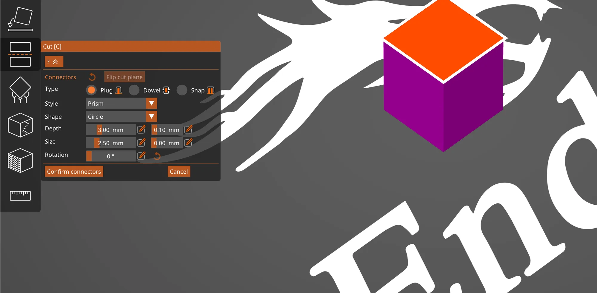 The PrusaSlicer Cut gizmo connector editor with Plug, Dowel and Snap types, Style, Shape, Depth, Size and Rotation